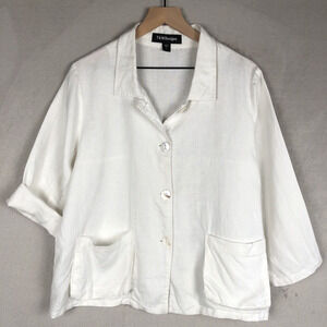 T & W DESIGNS 100% Linen Top Sz L White Lagenlook‎ Button Up Pockets 3/4 Sleeve